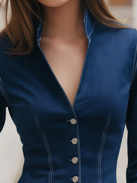 Navy Blue Slim Fit Button-Up Top With Contrasting Stitching