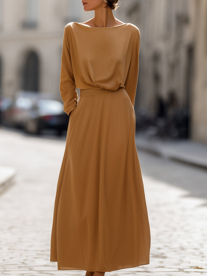 Camel-colored Loose Boat Neck And Skirt Set