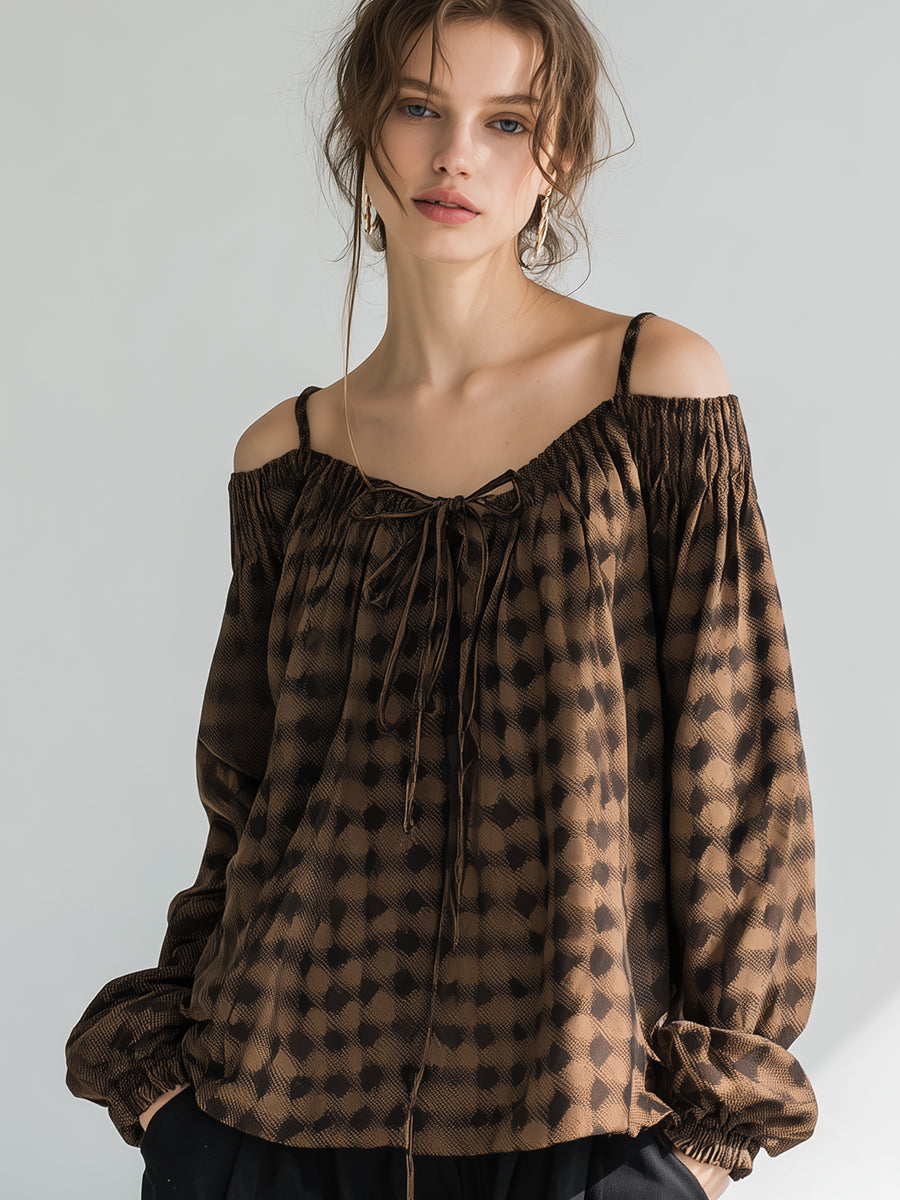 Printed Off-Shoulder Tie-Front Blouse With Adjustable Straps