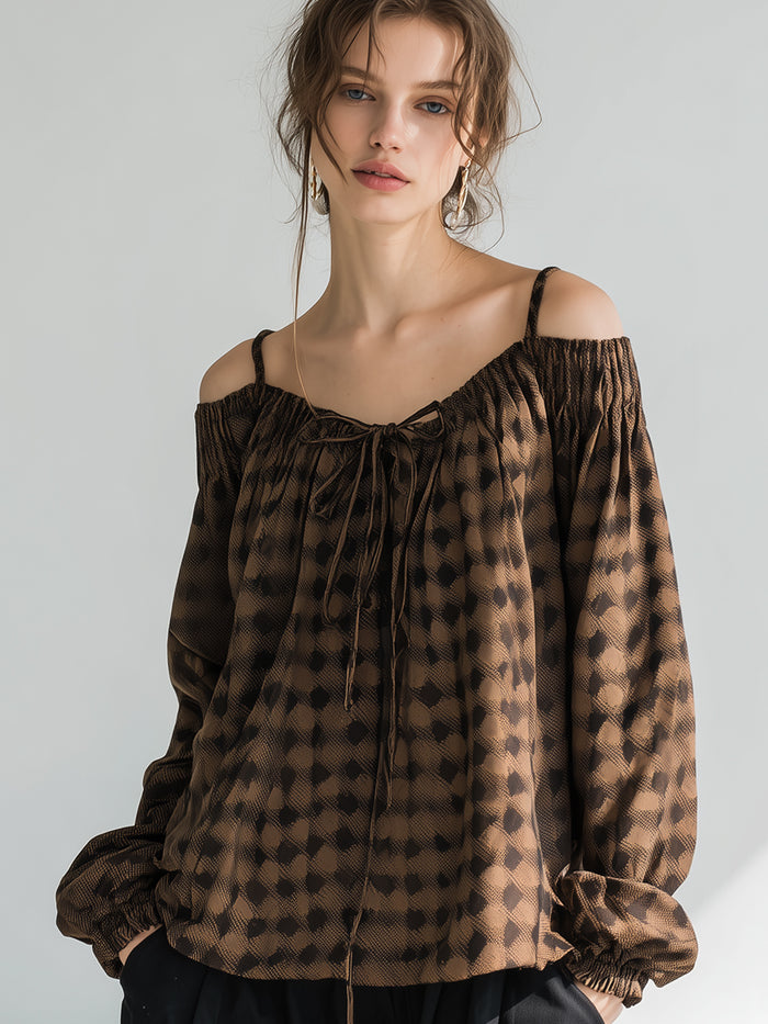 Printed Off-Shoulder Tie-Front Blouse With Adjustable Straps