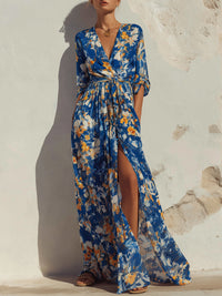 Abstract Floral V-Neck Wrap Tie Maxi Dress