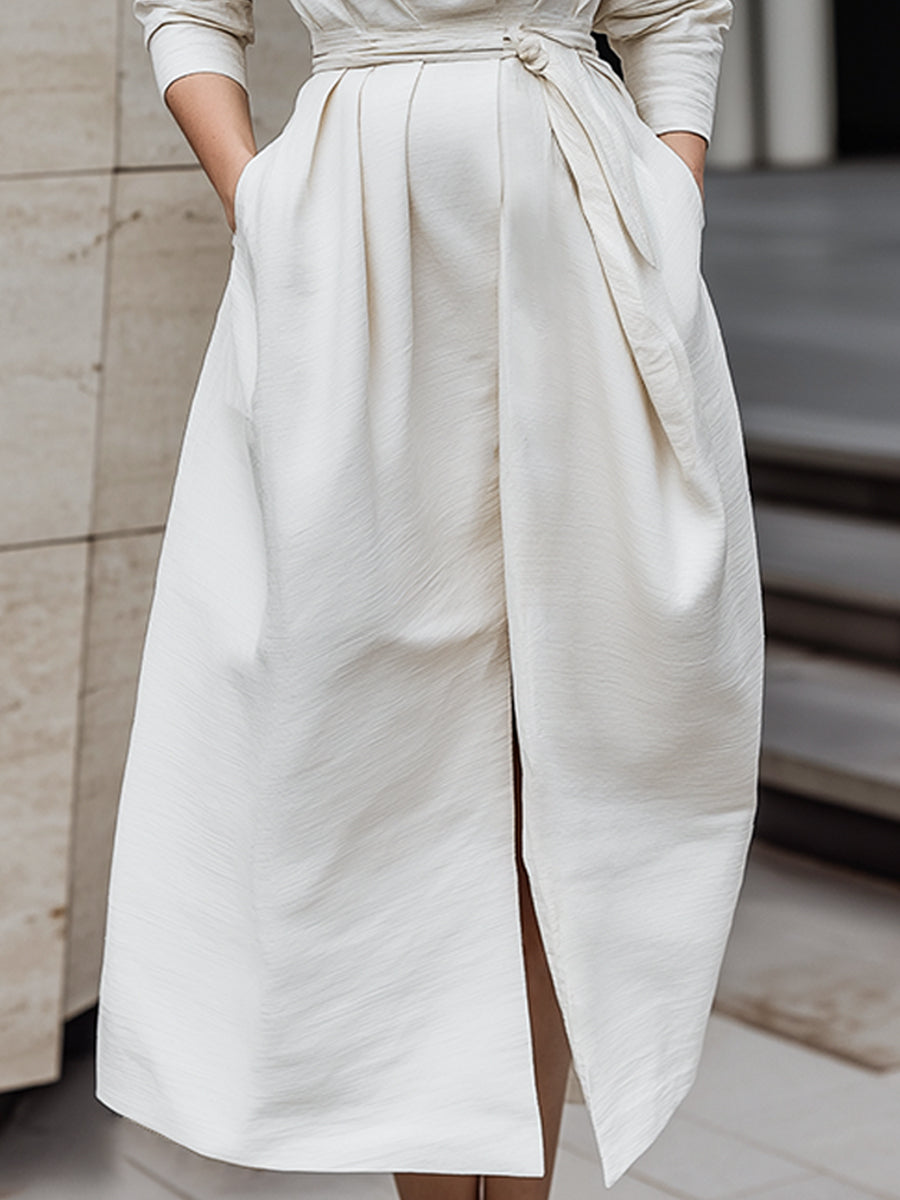 Minimalist Stand-Collar Tie-Waist Midi Dress