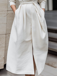 Minimalist Stand-Collar Tie-Waist Midi Dress