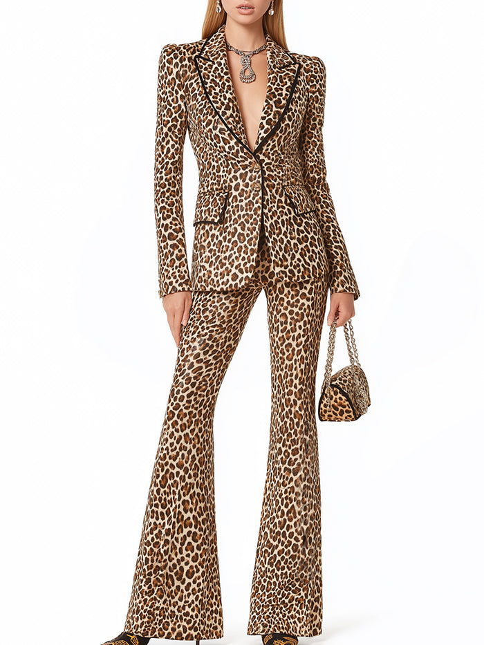 Leopard Print Tailored Blazer And Flared Pants Set