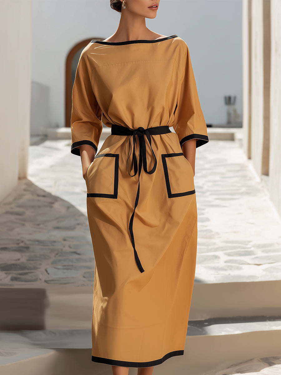 Camel Midi Dress With Black Contrast Trim And Drawstring Waist
