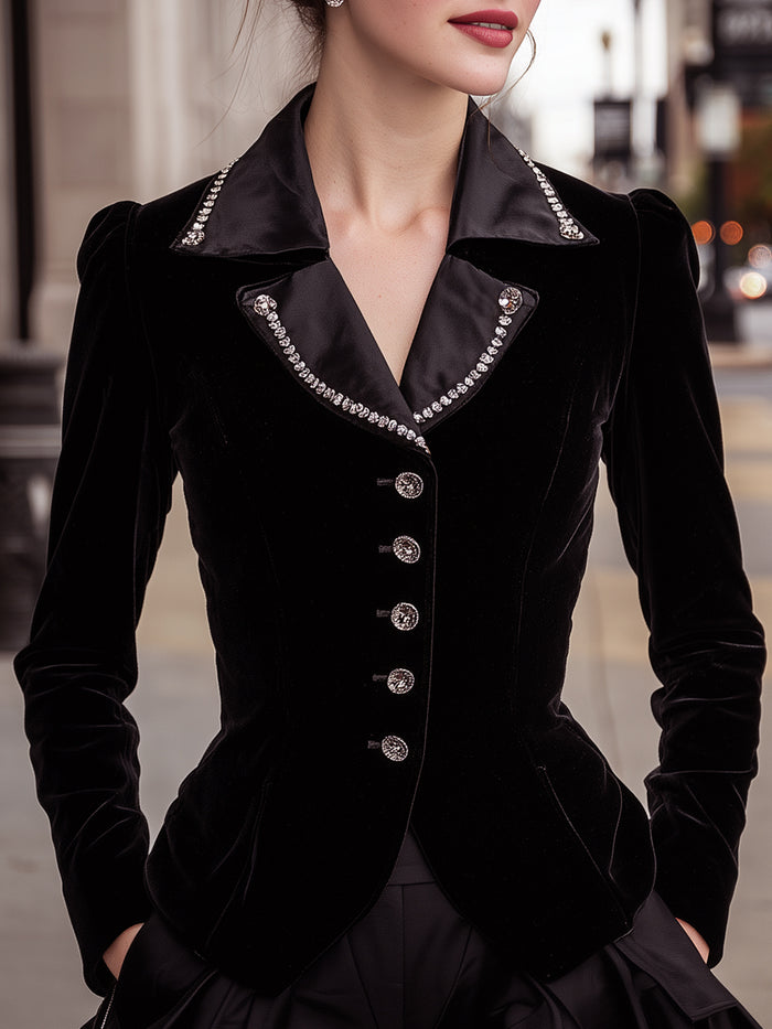 Black Velvet Blazer With Rhinestone Trim And Satin Lapel