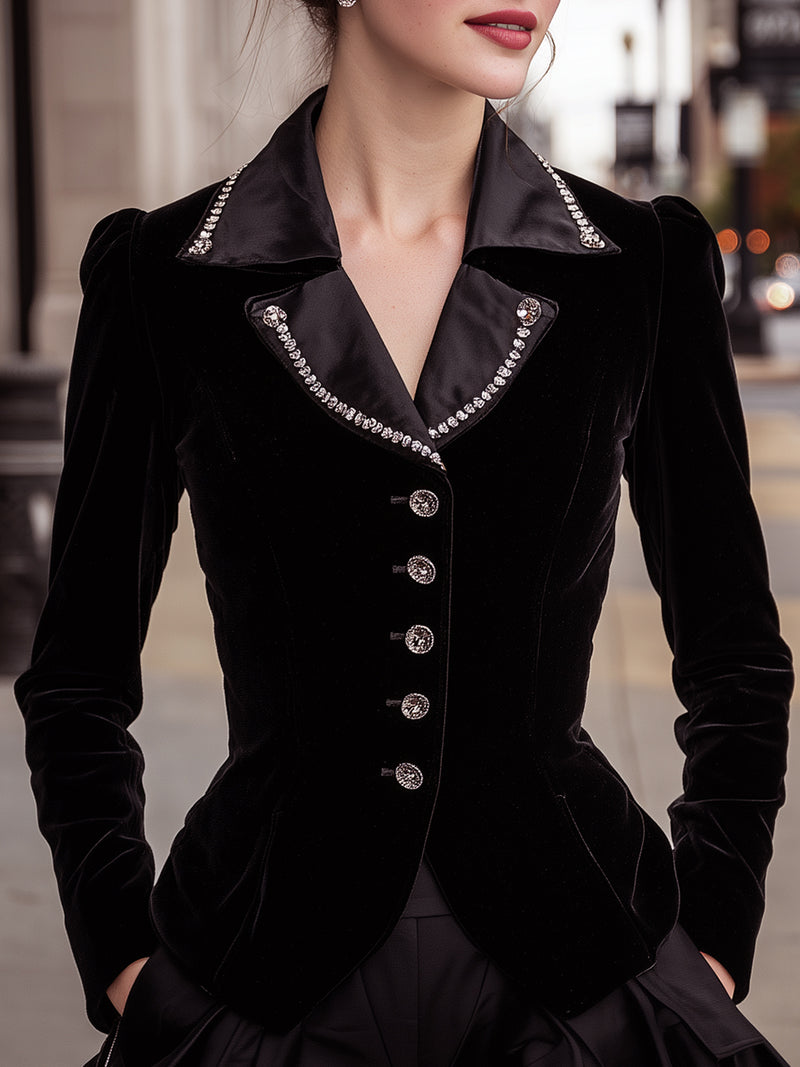 Black Velvet Blazer With Rhinestone Trim And Satin Lapel