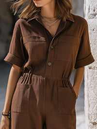 Short Sleeve Button-Front Utility Jumpsuit