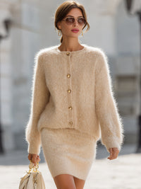 Cream Fluffy Knit Cardigan And Dress Set