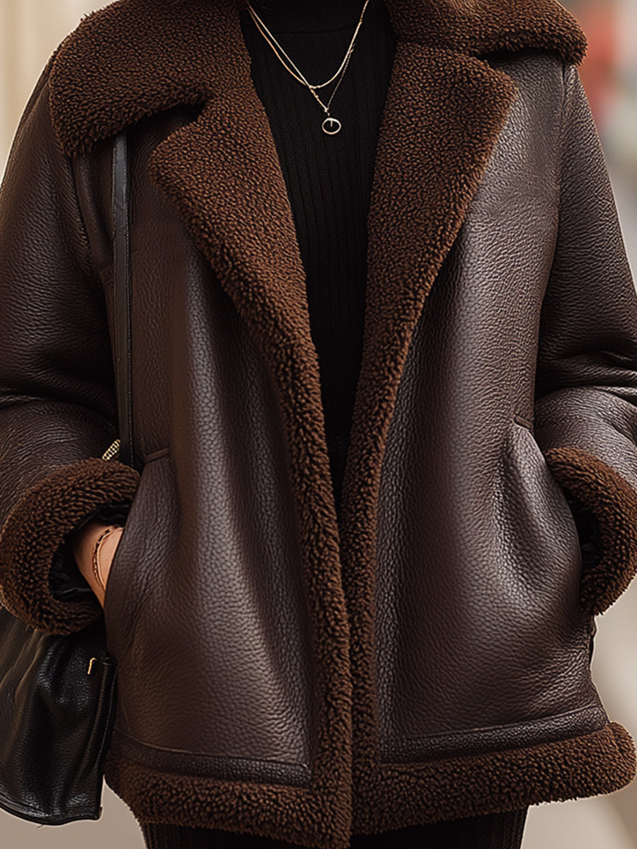 Chocolate Brown Faux Shearling Lined Leather Jacket