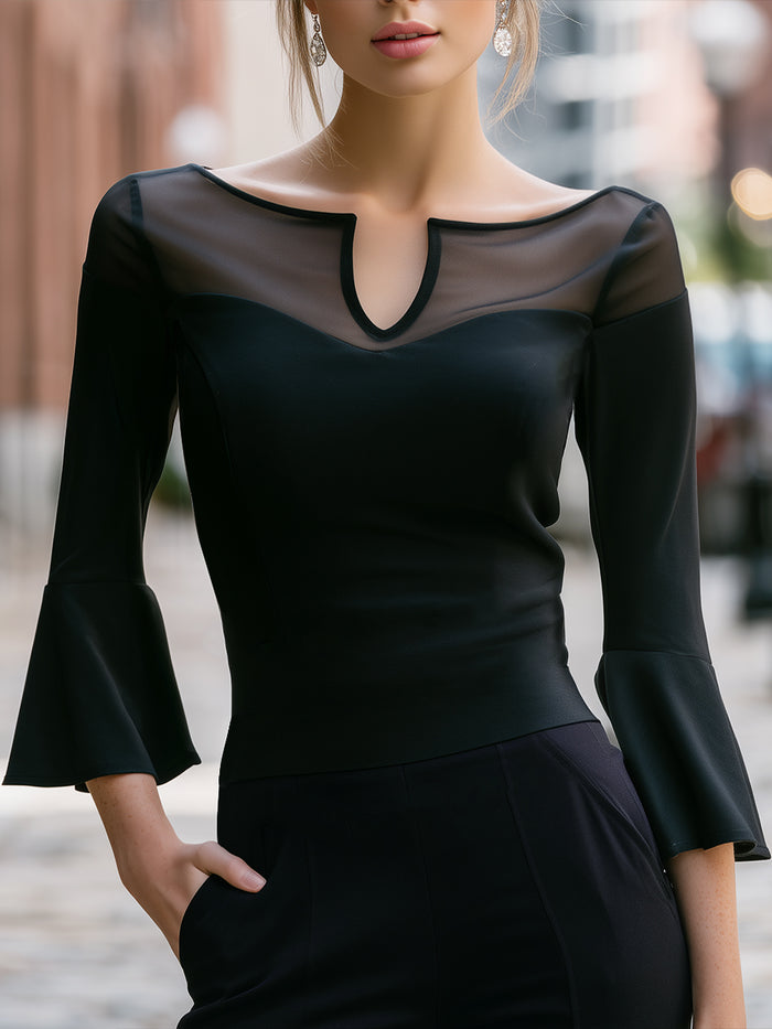 Black Sheer Yoke V-Neck Bell-Sleeve Top