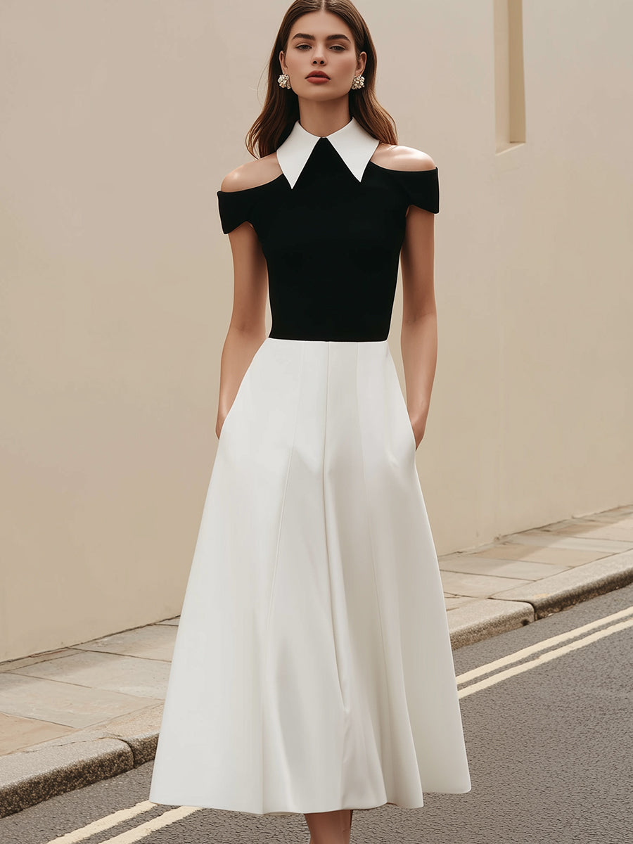 Ff-Shoulder Contrast Collar A-Line Midi Dress