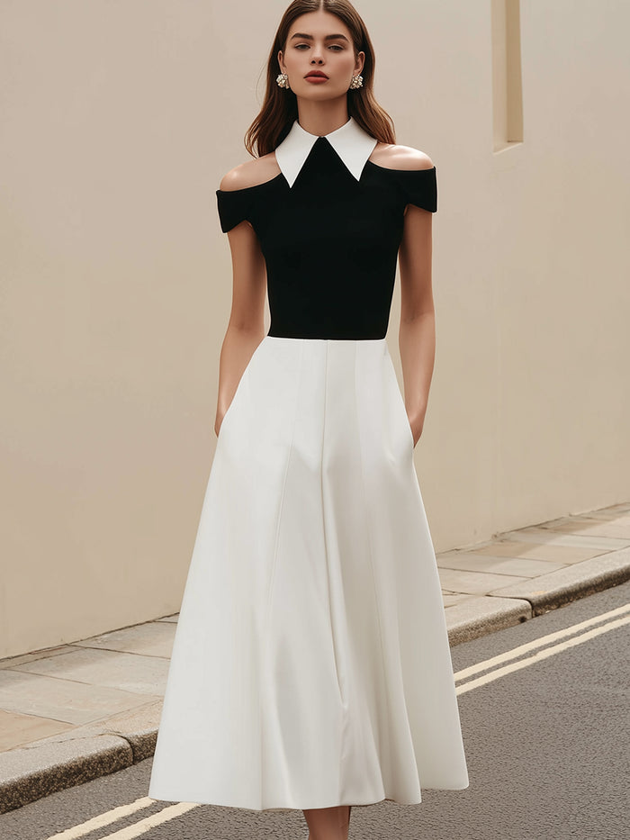 Ff-Shoulder Contrast Collar A-Line Midi Dress
