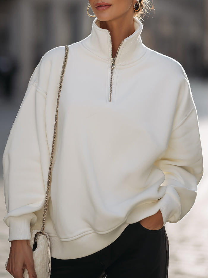 Cream Half-Zip Funnel Neck Oversized Sweatshirt