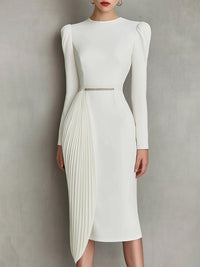 Elegant White Pleated Midi Dress With Crystal Belt