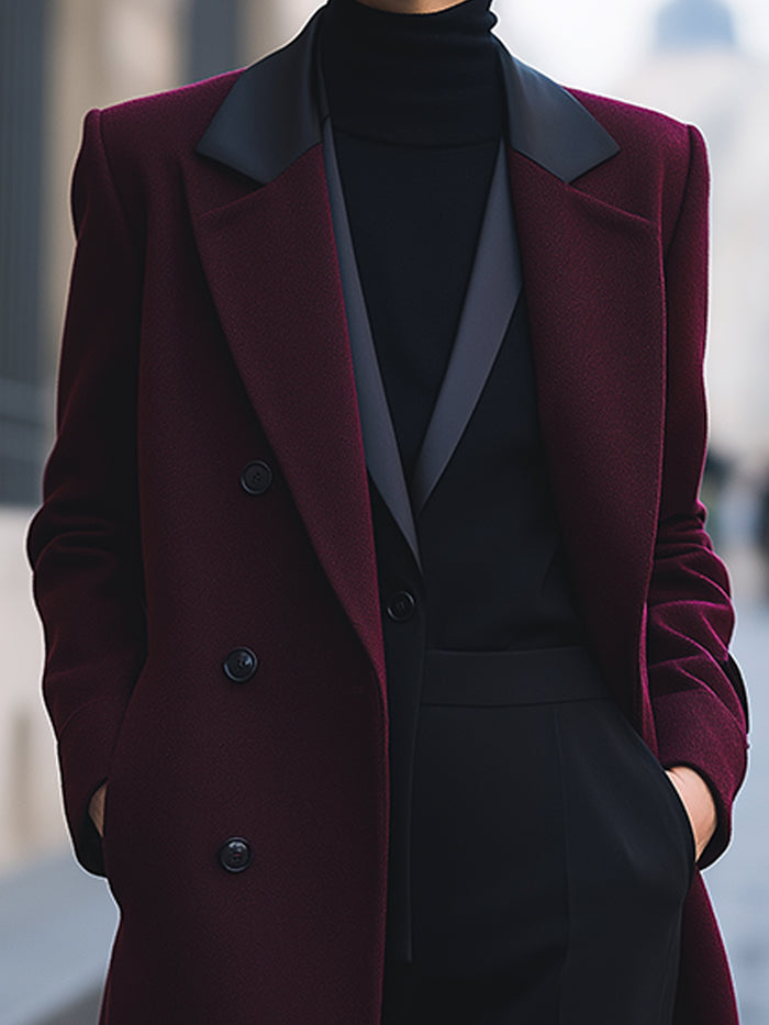 Burgundy Wool-Blend Longline Coat With Contrast Lapels