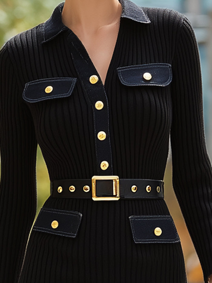 Ribbed Knit Paneled Denim Pocket Belt Midi Dress
