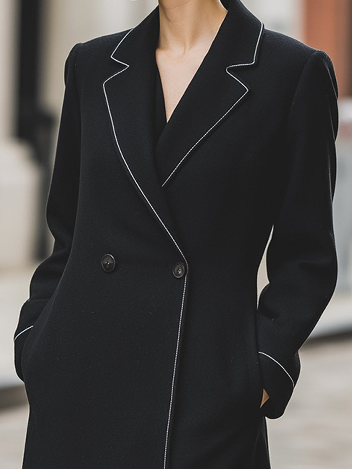 Black Longline Coat With White Piping Trim