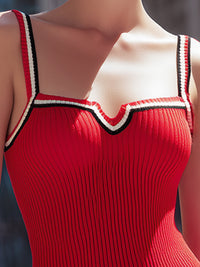 Red Ribbed Knit Contrast-Trim Bodycon Mini Dress