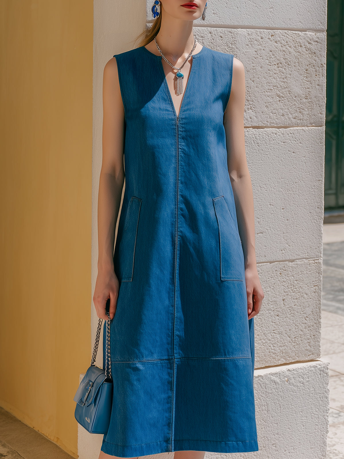 Sleeveless V-Neck Structured Midi Dress