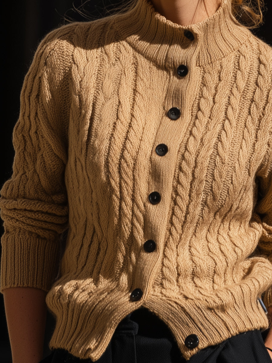 Camel Cable Knit Button-Up Cardigan