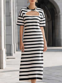 Modern Contrast Stripe Cutout Knit Midi Dress