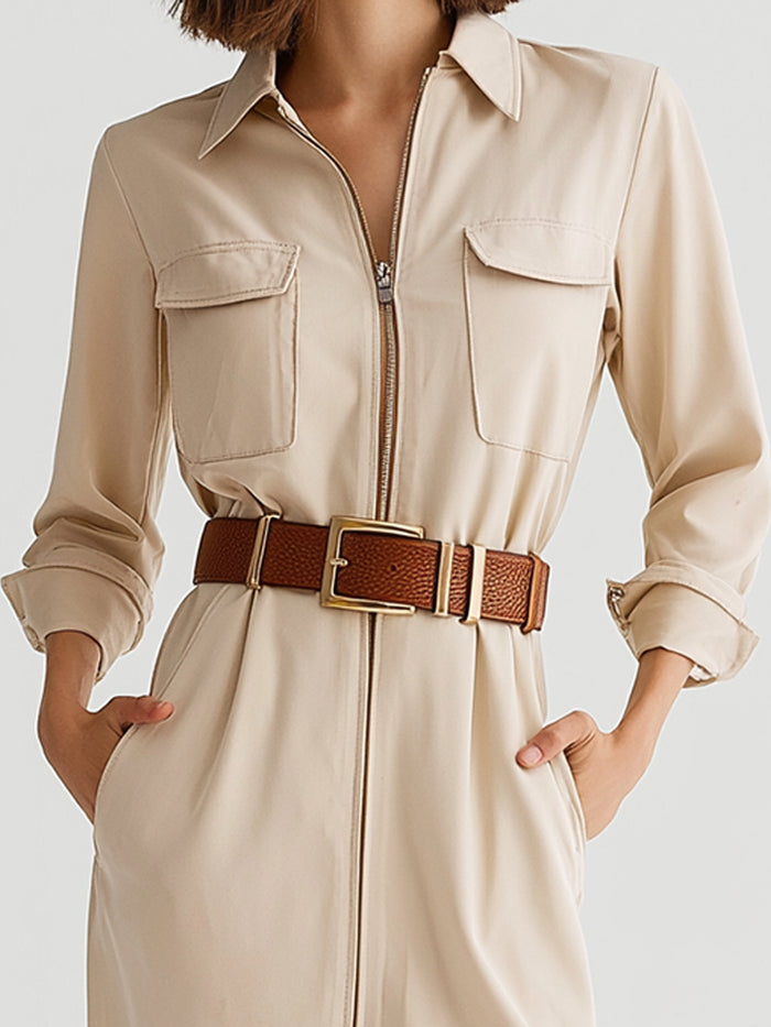 Belted Utility Shirt Dress In Beige