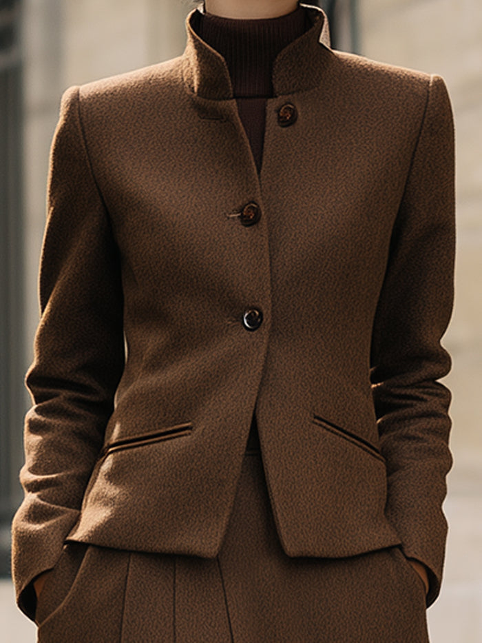 Chocolate Brown Pleated Skirt Suit With Stand Collar