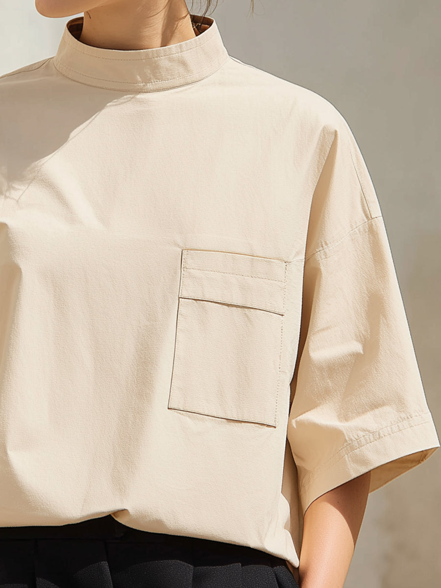 Minimalist High-Neck Loose-Fit Half-Sleeve Blouse – Modern Casual Chic Top