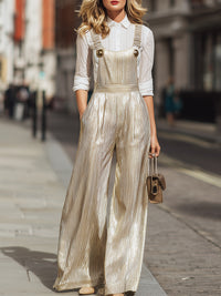 Gold Metallic Striped Wide-Leg Overalls