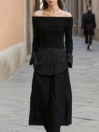 Black Off-Shoulder Ribbed Knit Striped Top And Midi Skirt Set