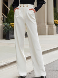 Black Puff Sleeve Turtleneck Top With White Wide-Leg Pants