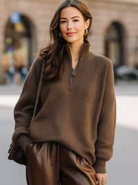 Brown Half-Zip Ribbed Knit Sweater