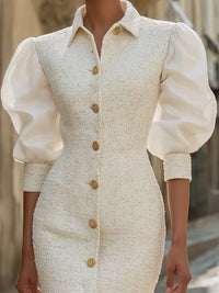 Tweed Button-Front Mini Dress With Puff Sleeves