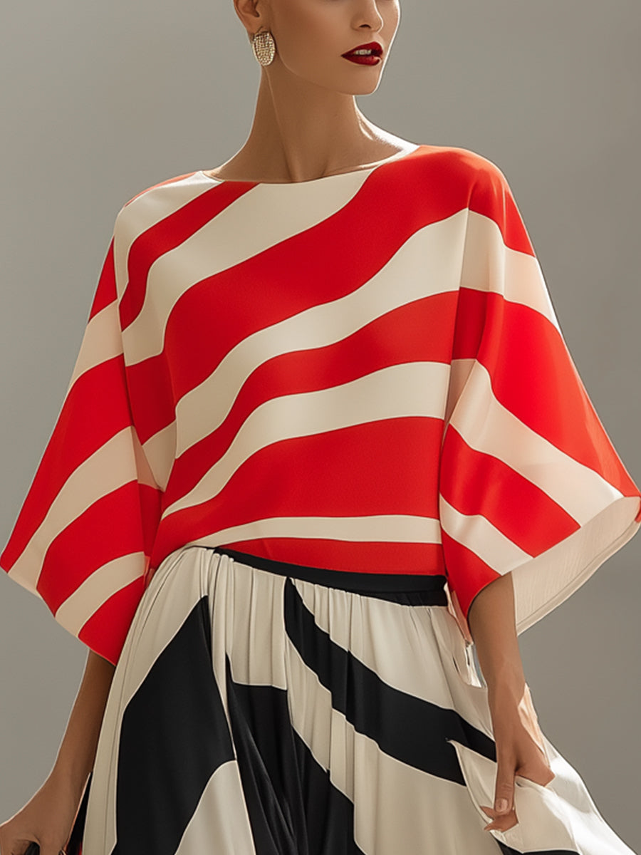 Red & Ivory Wave Print Batwing Top
