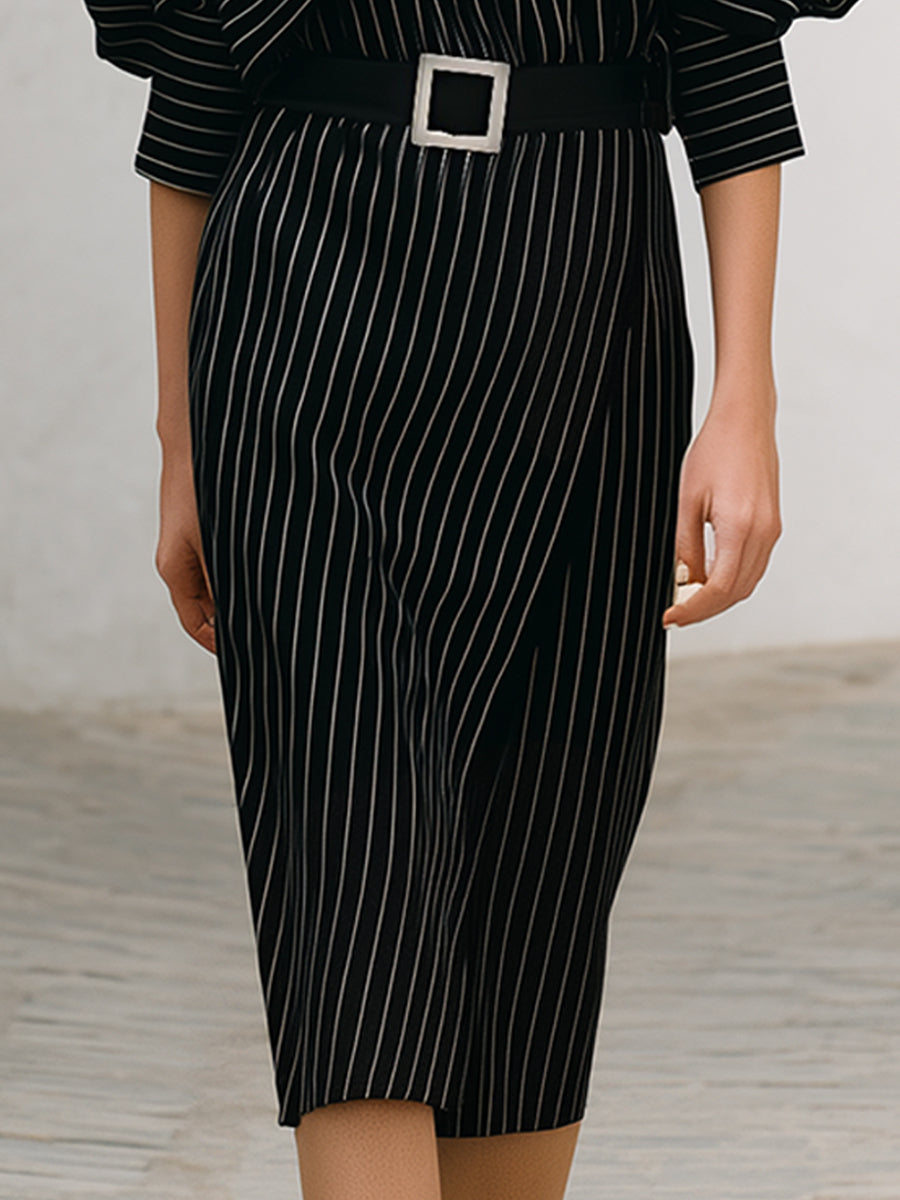 Asymmetrical Pinstripe Belted Midi Sheath Dress