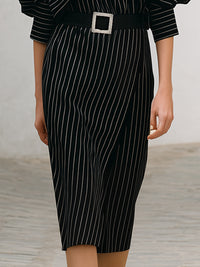 Asymmetrical Pinstripe Belted Midi Sheath Dress