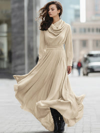Elegant Cowl Neck Beige Maxi Dress With Flowing Skirt