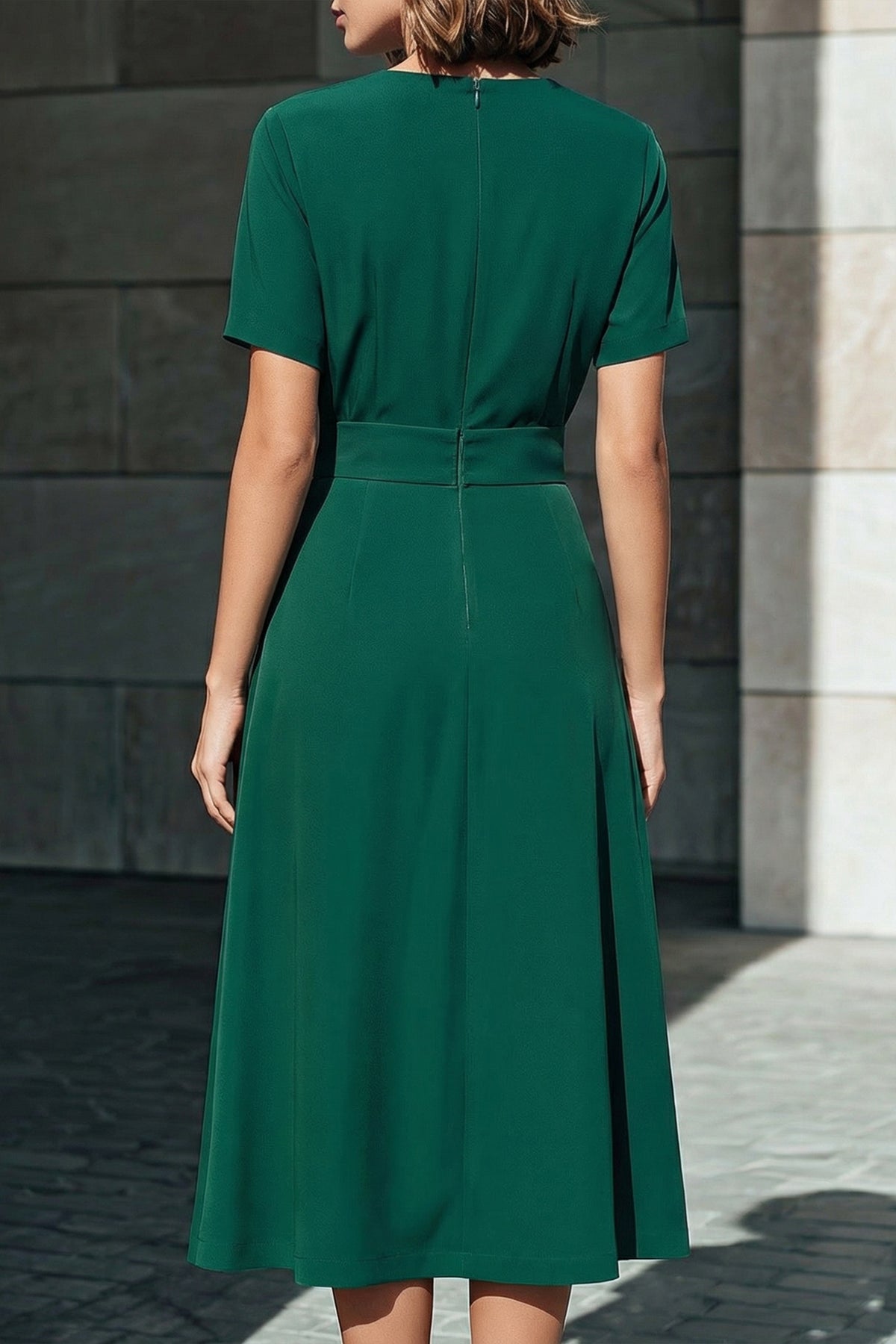 Tailored Short-Sleeve Waist-Defined Midi Dress