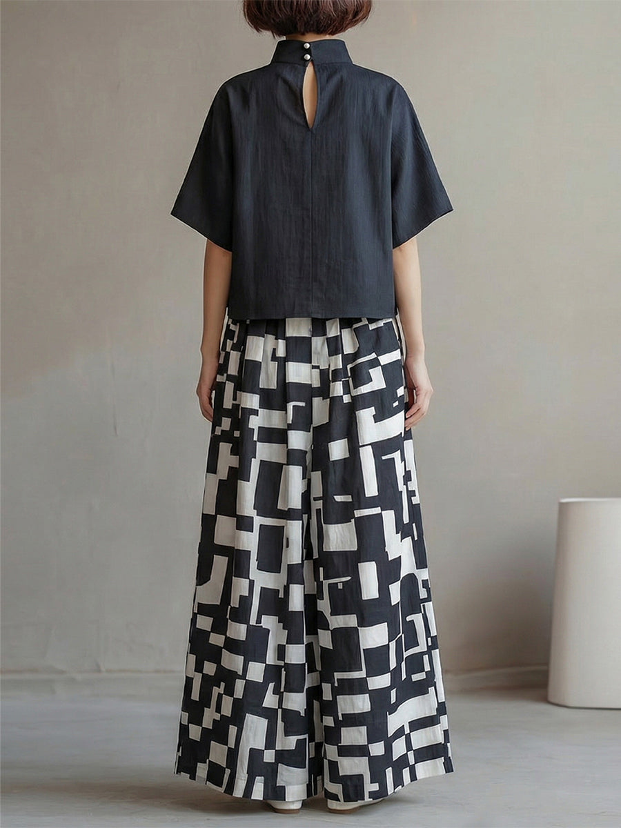 High-Neck Top & Abstract Print Wide-Leg Skirt Set
