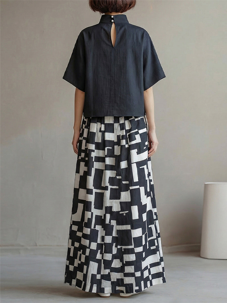 High-Neck Top & Abstract Print Wide-Leg Skirt Set