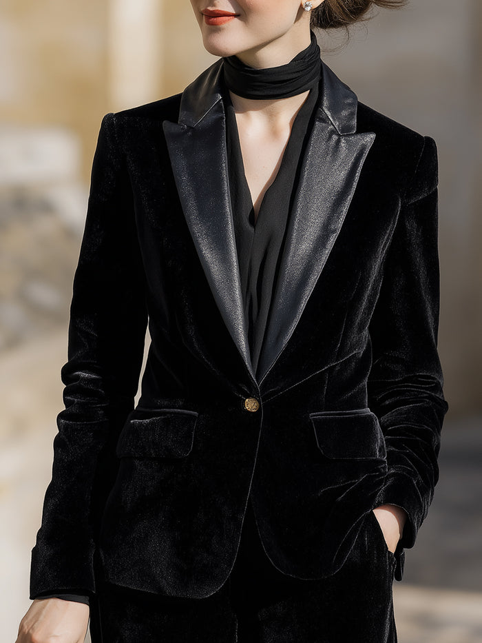 Velvet Single-Button Blazer With Satin Lapel