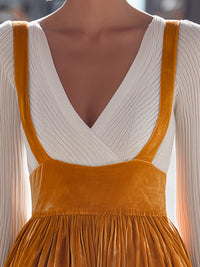 Mustard Velvet Pleated Dress With Knit Sleeves