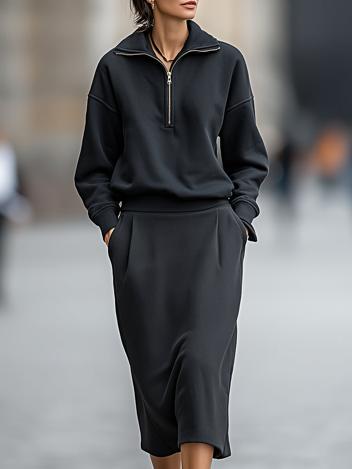Modern Structured Half-Zip Pullover & Pencil Skirt Set