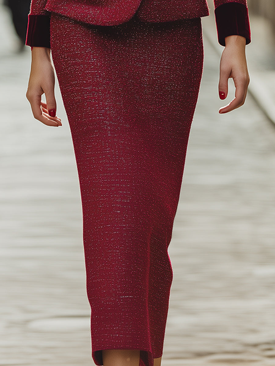 Velvet-Collared Tweed Skirt Suit