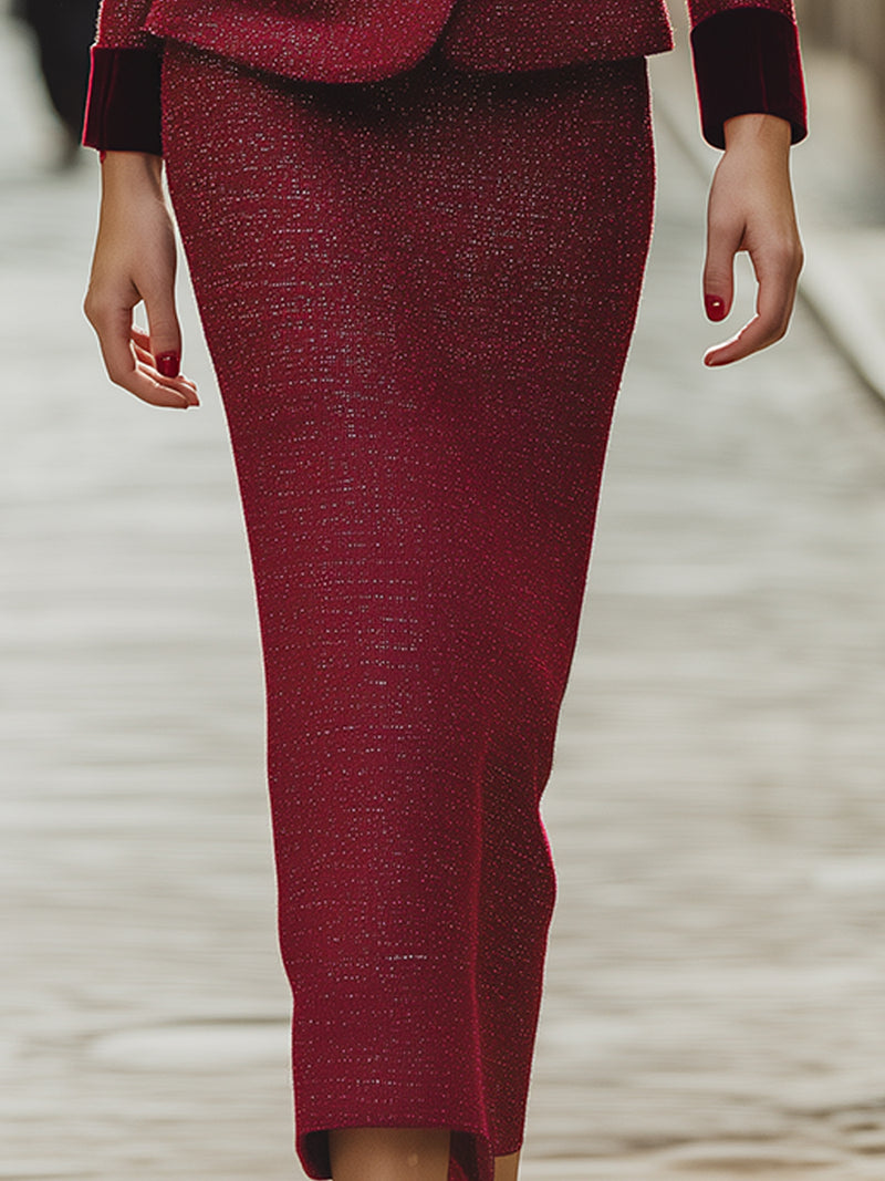 Velvet-Collared Tweed Skirt Suit