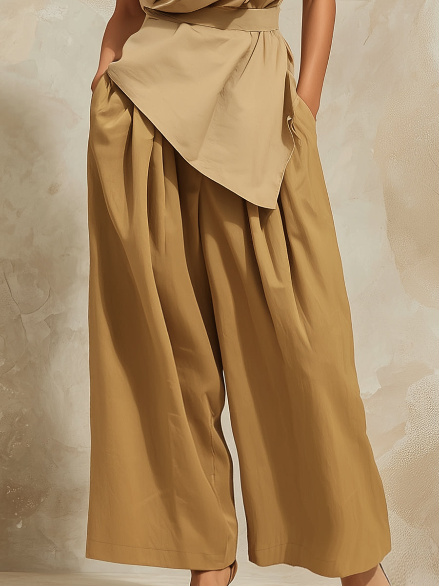 Elegant Draped Asymmetrical Top + Wide-Leg Pants Two-Piece Set