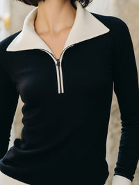 Contrast-Collar Half Zip Knit Top