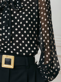 Polka Dot Chiffon Blouse With Bow-Tie Neck And Sheer Sleeves