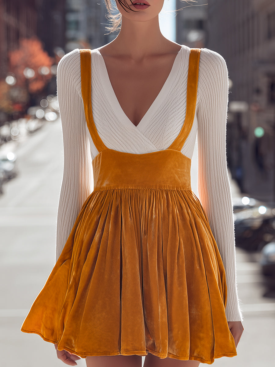 Mustard Velvet Pleated Dress With Knit Sleeves